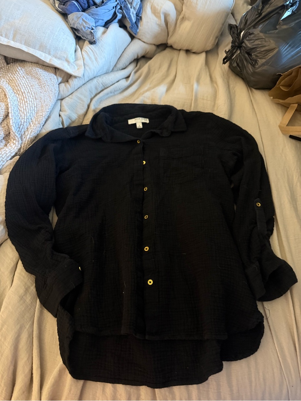 Anne Klein Women's/Unisex Black Button-Up Gauze Shirt